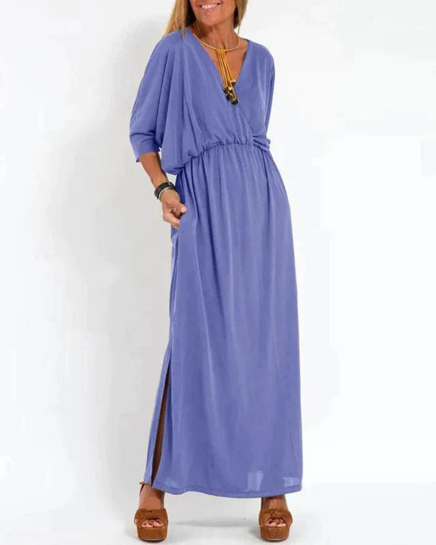 Janell | Vestido Largo Escote V con Bolsillos