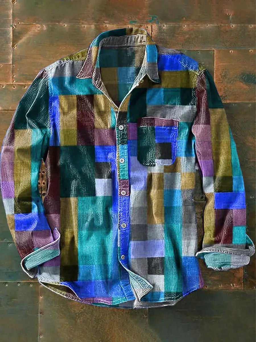 Germaine- Camisa unisex de manga Larga con Botones y Diseño Patchwork Multicolor