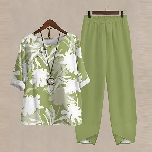 Raquel - Conjunto de dos Piezas Compuesto por un top Estampado Holgado y unos Pantalones