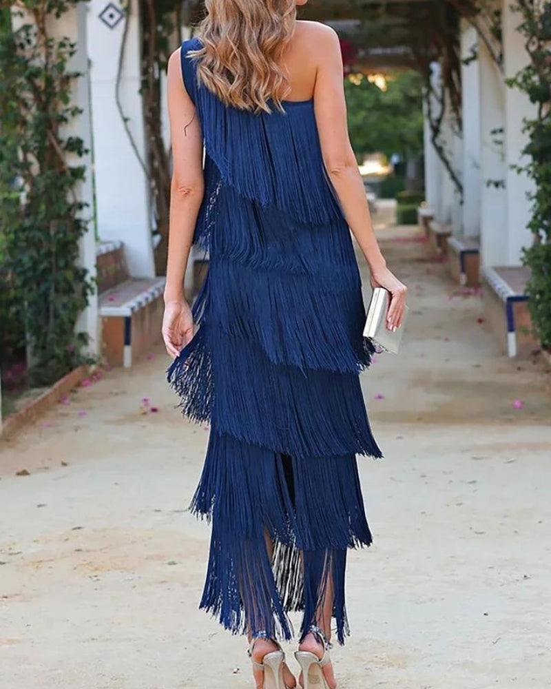 Mirella | Vestido Largo Con Flecos y un Solo Hombro