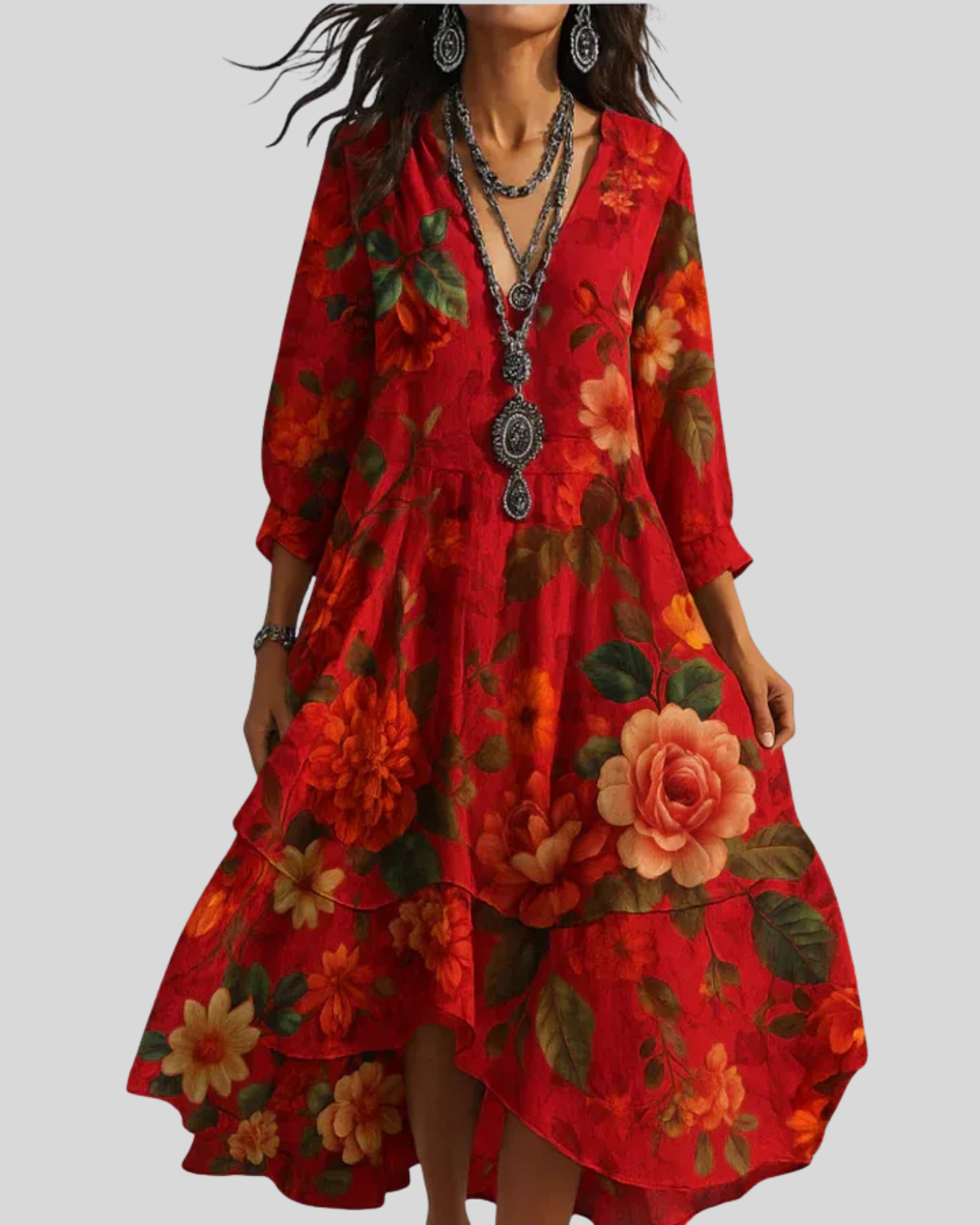 Debra | Vestido MIDI Asimétrico Con Cuello en V Y Estampado Floral