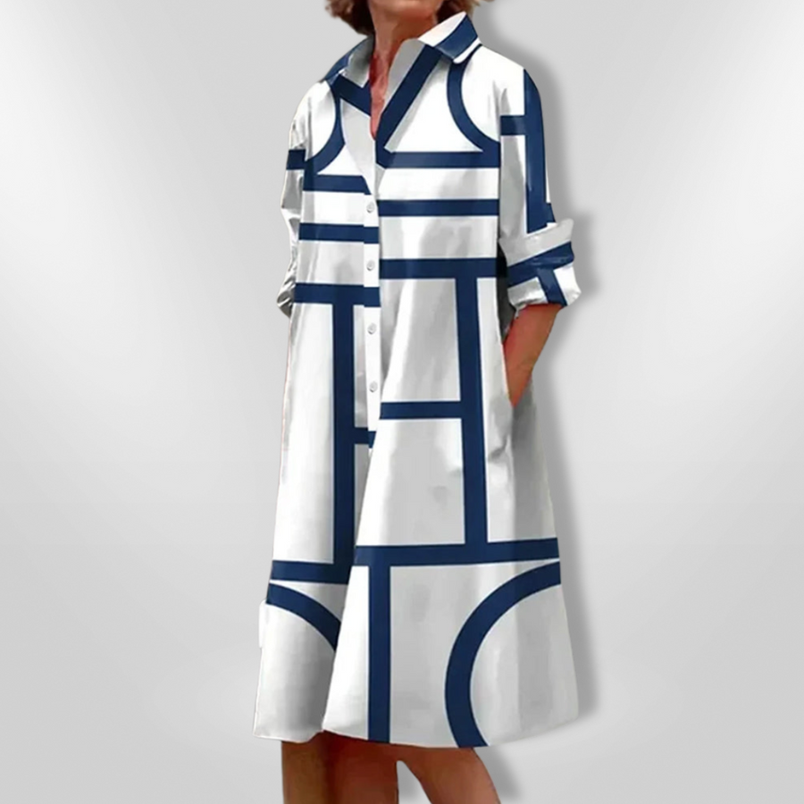 Lynna - Vestido Camisero Con Estampado Geométrico, Botonadura Frontal Y Bolsillos