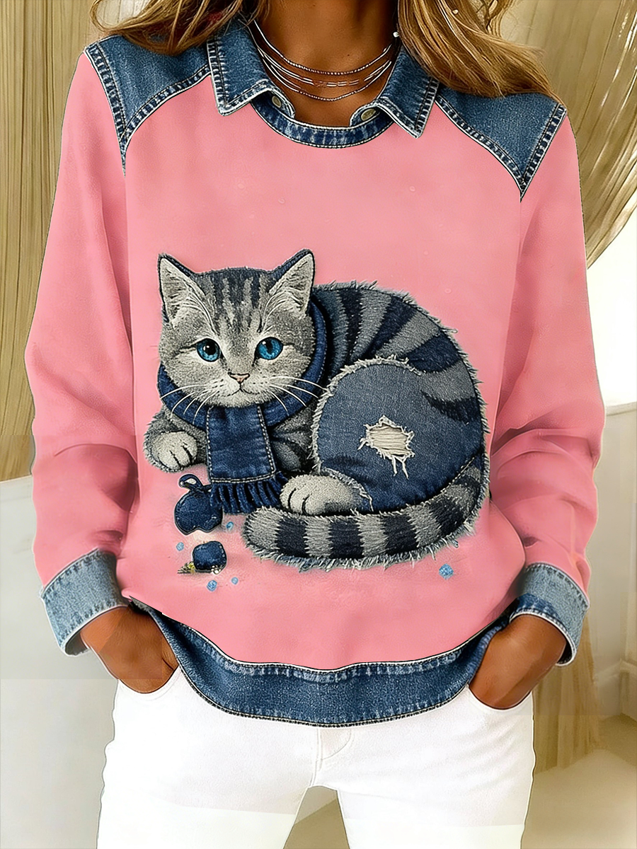 Eponin - Sudadera Con Parches de Denim y Estampado de Gatos
