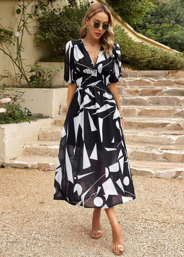 Josette | Vestido MIDI Estampado Cuello V Manga Abullonada