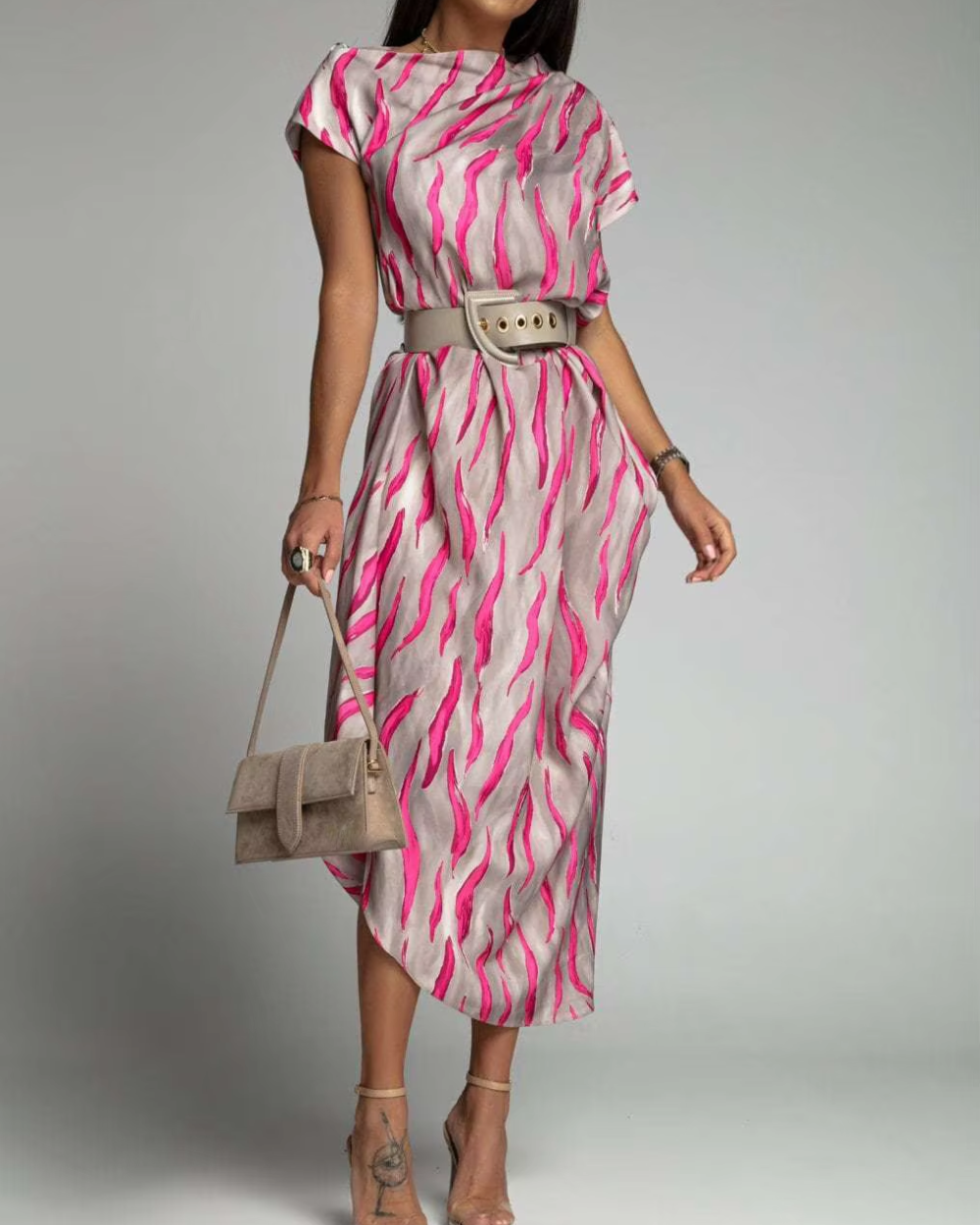 Angie - Vestido Midi Asimétrico Estampado Con Cinturón