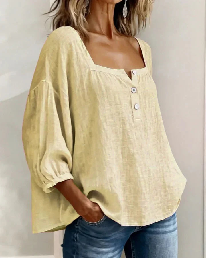 Leontien | Blusa Lino Cuello Cuadrado Botones Manga Globo