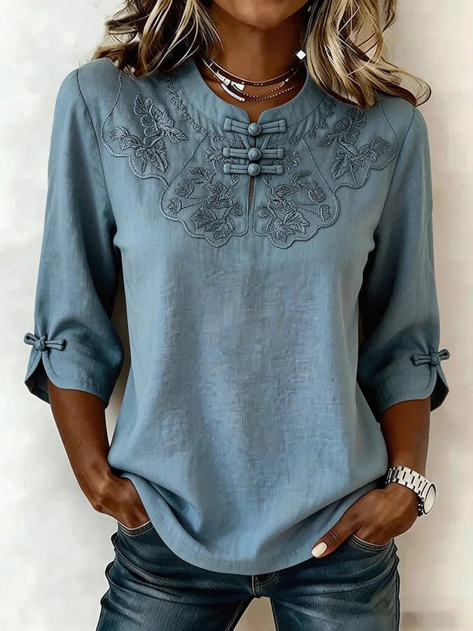 Nozilia - Blusa de Manga Corta con Bordado Floral