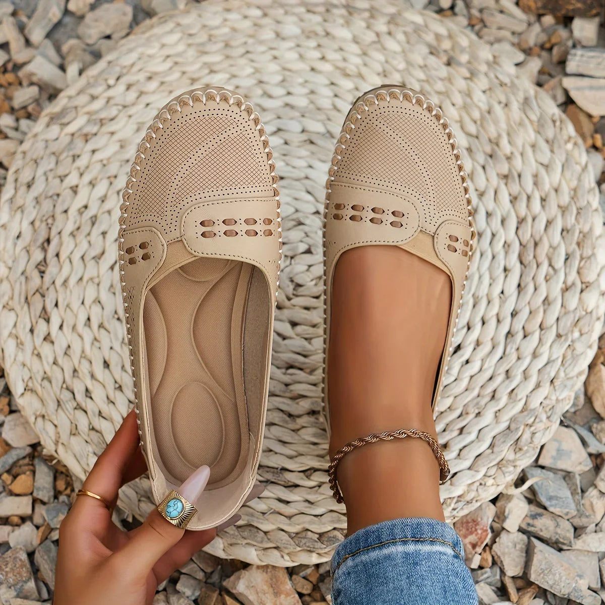 Gerdien | Mocasines Sin Cordones Perforados Para Mujer, Zapatos Planos Informales