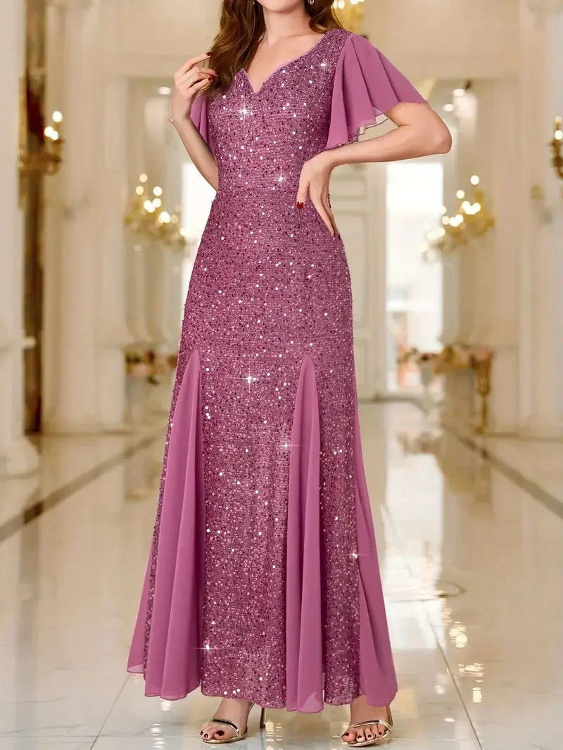 Hinrikka | Vestido Largo Con Mangas Con Volantes Y Lentejuelas