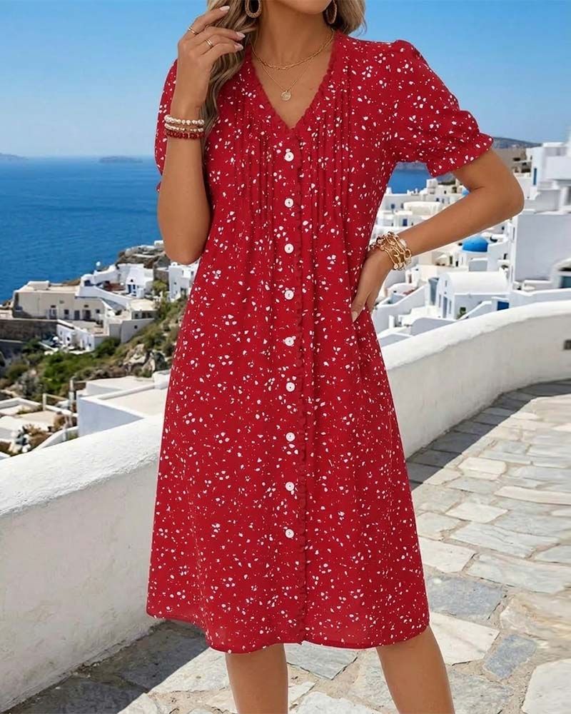 Dayma | Vestido Midi Estampado Escote Pico Botones
