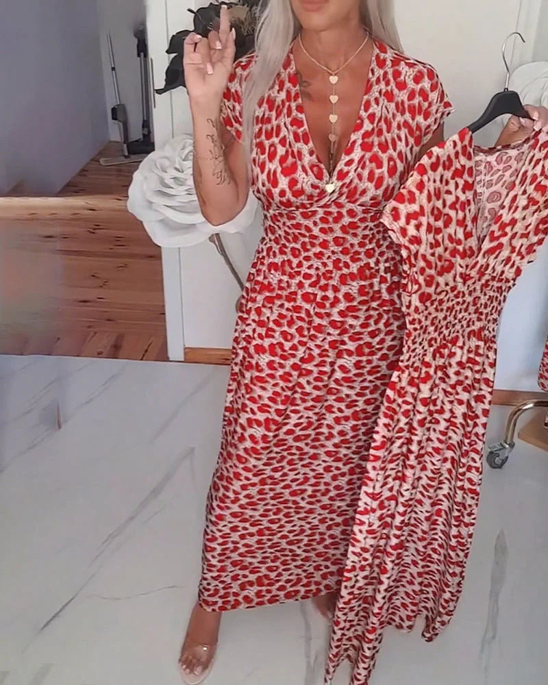 Erendira - Vestido Midi con Cuello en V y Estampado de Leopardo Manga Corta