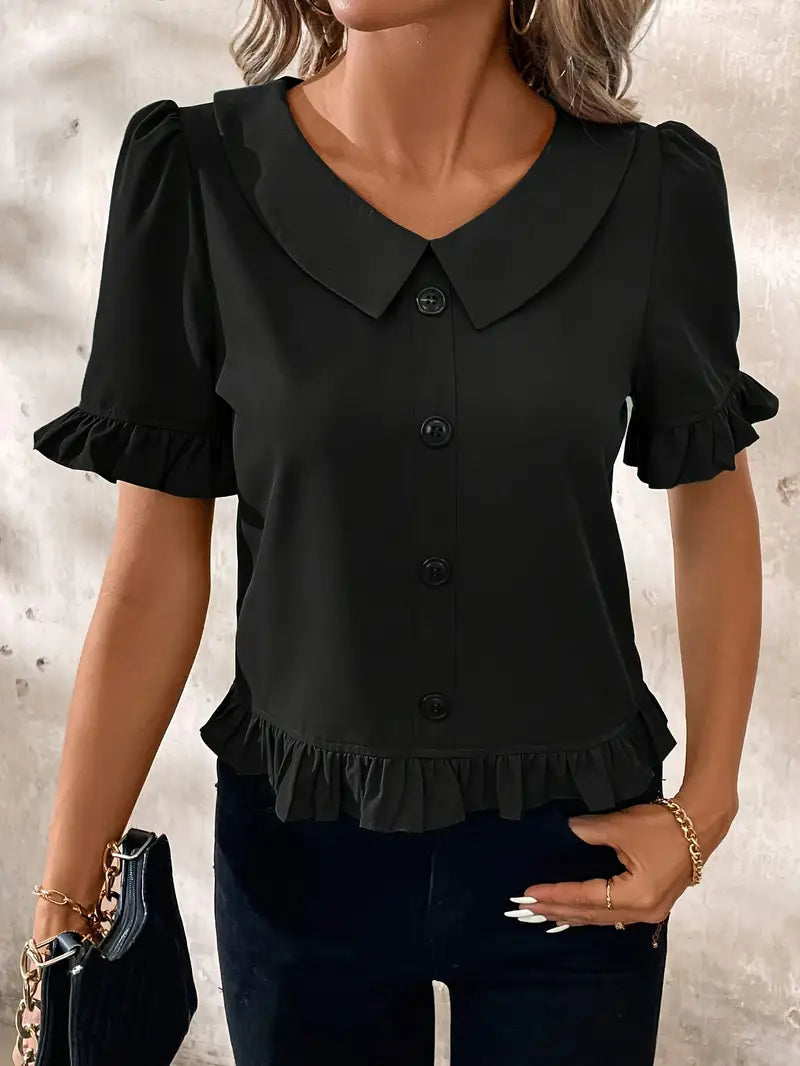 Foteini - Blusa de Manga Corta Con Cuello Peter Pan