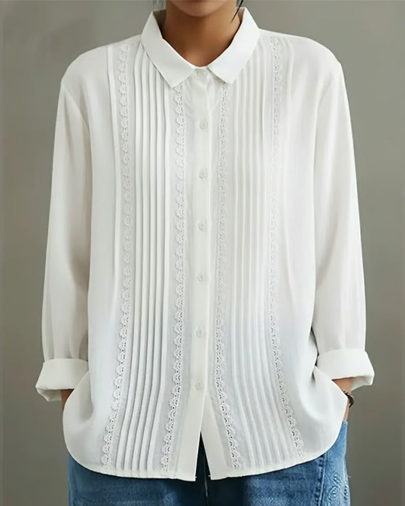 Tzurya | Blusa Abotonada de Manga Larga con Pliegues y Encaje
