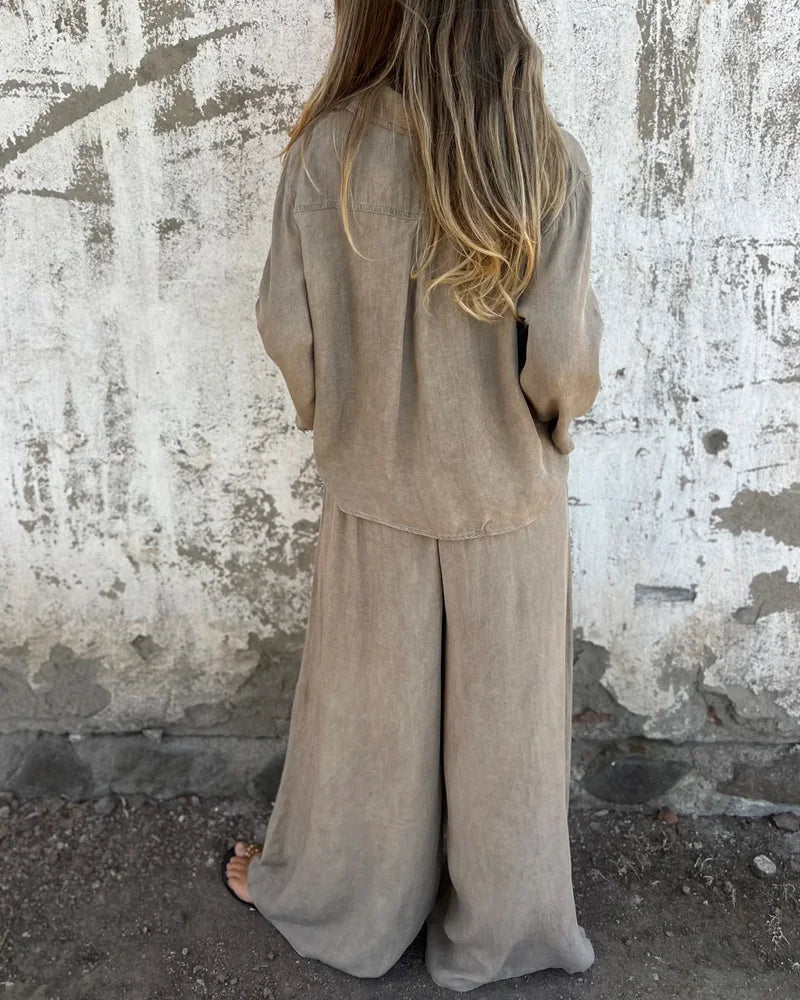 Bogna | Conjunto de Dos Piezas Camisa Con Lazo Delantero y Pantalones de Pierna Ancha