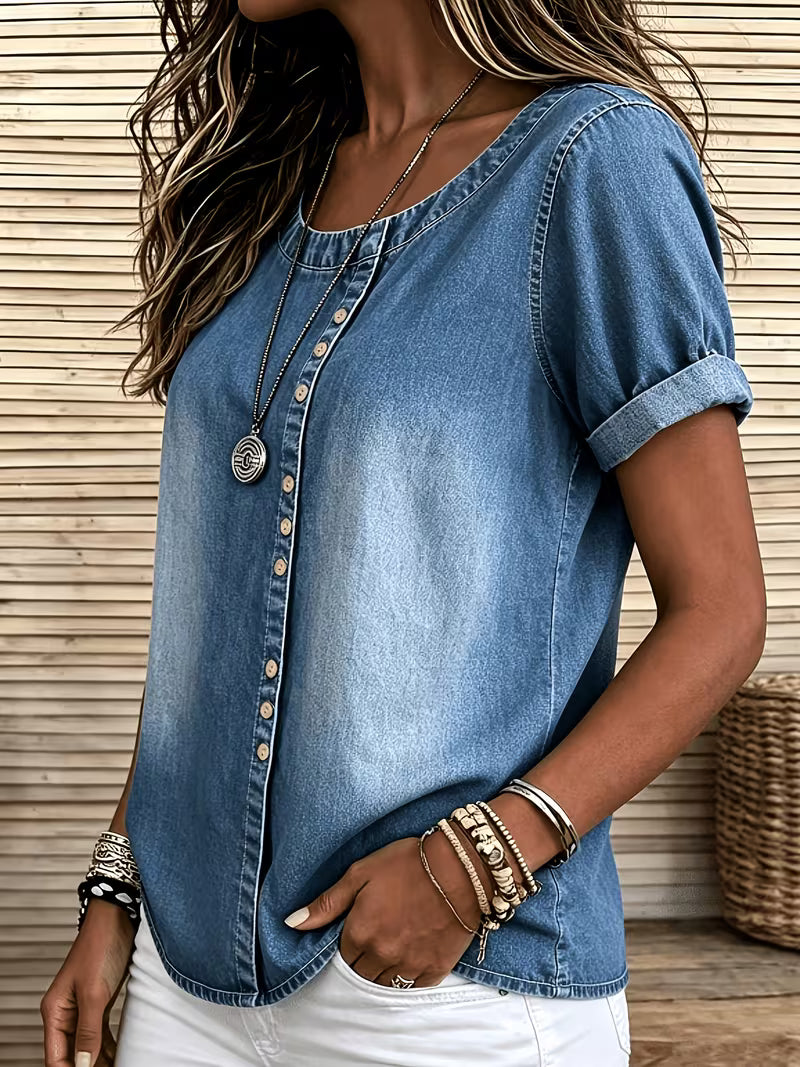 Ferina | Blusa Denim Lavado Manga Corta Botones