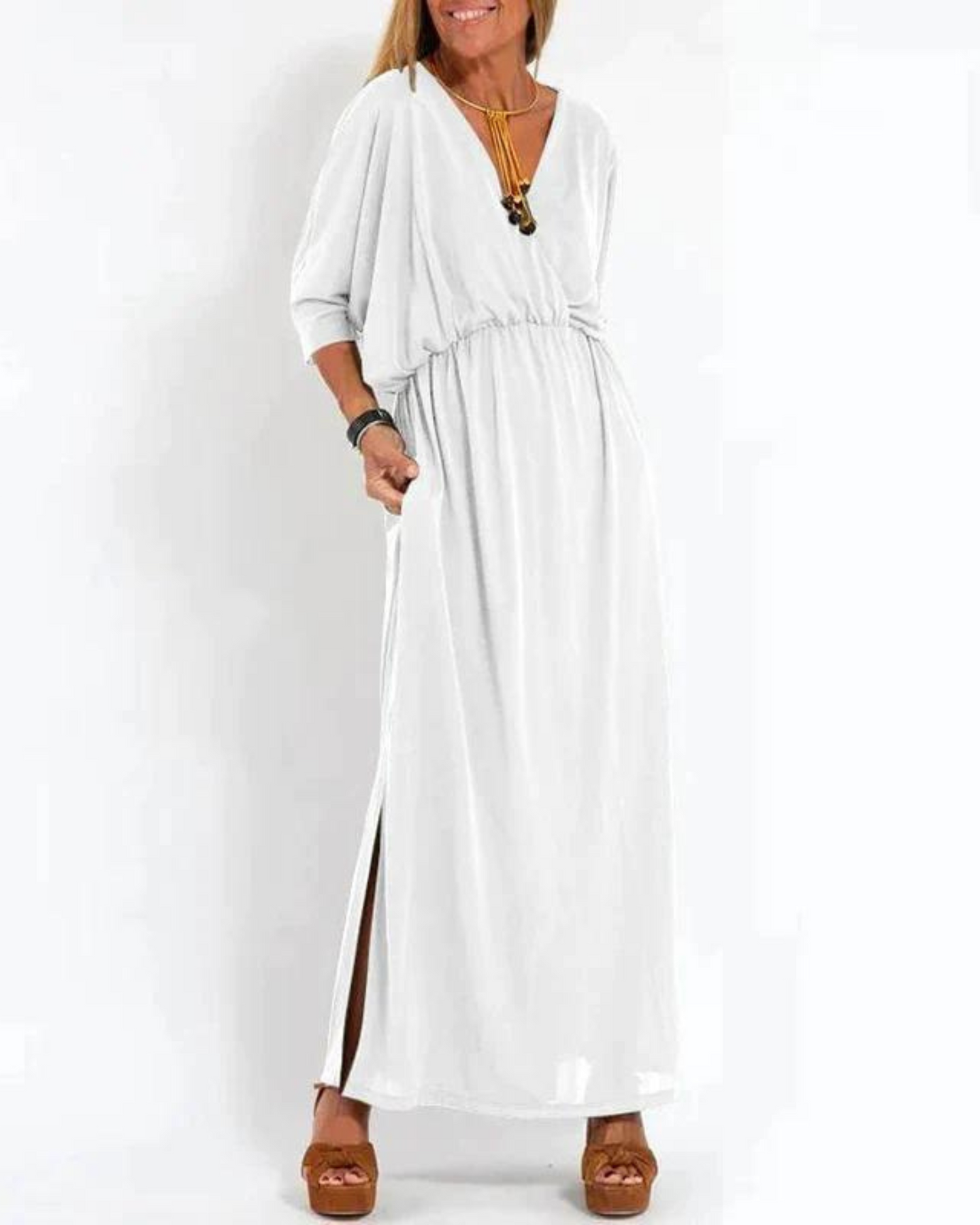 Janell | Vestido Largo Escote V con Bolsillos