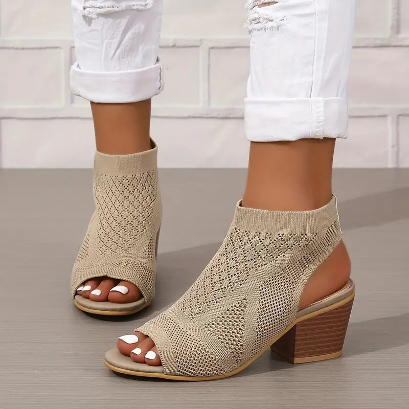 Velina | Sandalias de Talón Grueso de Punto Con Puntera Abierta