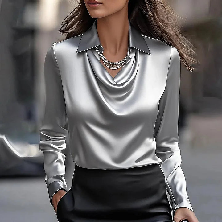 Malvina | Blusa de manga Larga con cuello Vuelto de Satén