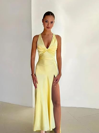 Fabiola | Vestido Maxi Amarillo Sin Mangas Cuello V