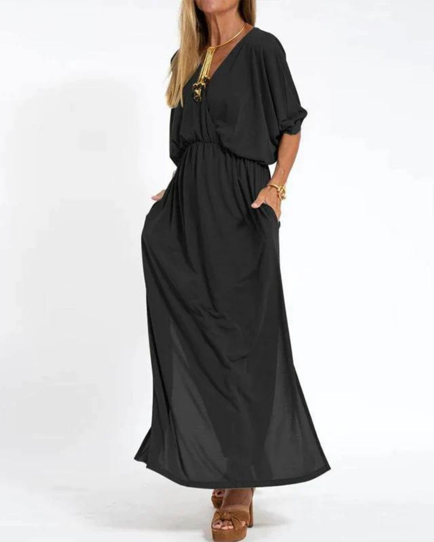 Janell | Vestido Largo Escote V con Bolsillos