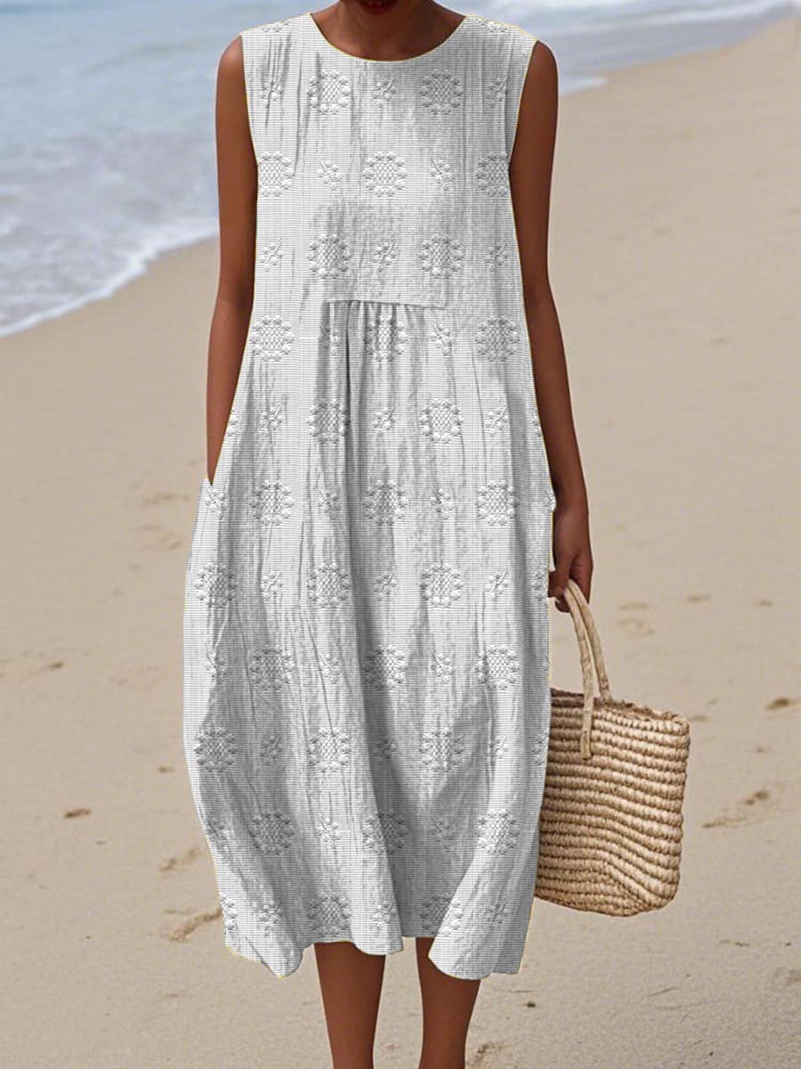 Aikaterini - Vestido Midi Sin Mangas Con Bolsillos y Textura