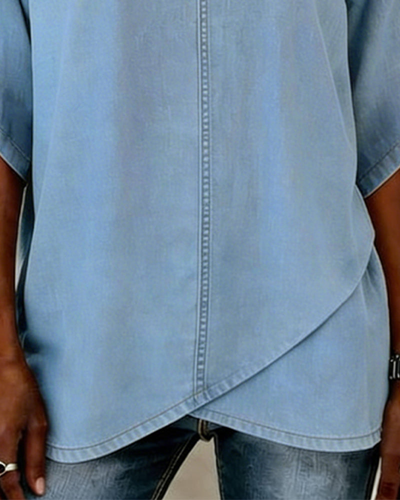 Laritza | Top Denim Escote Pico Manga Corta