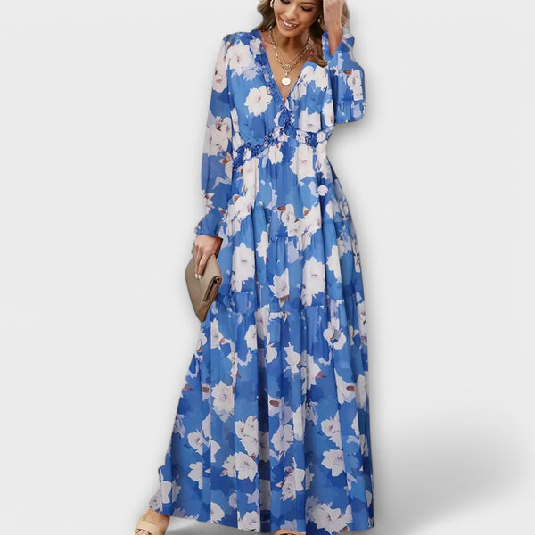 Vanna | Vestido Largo Floral con Escote en V y Manga Larga