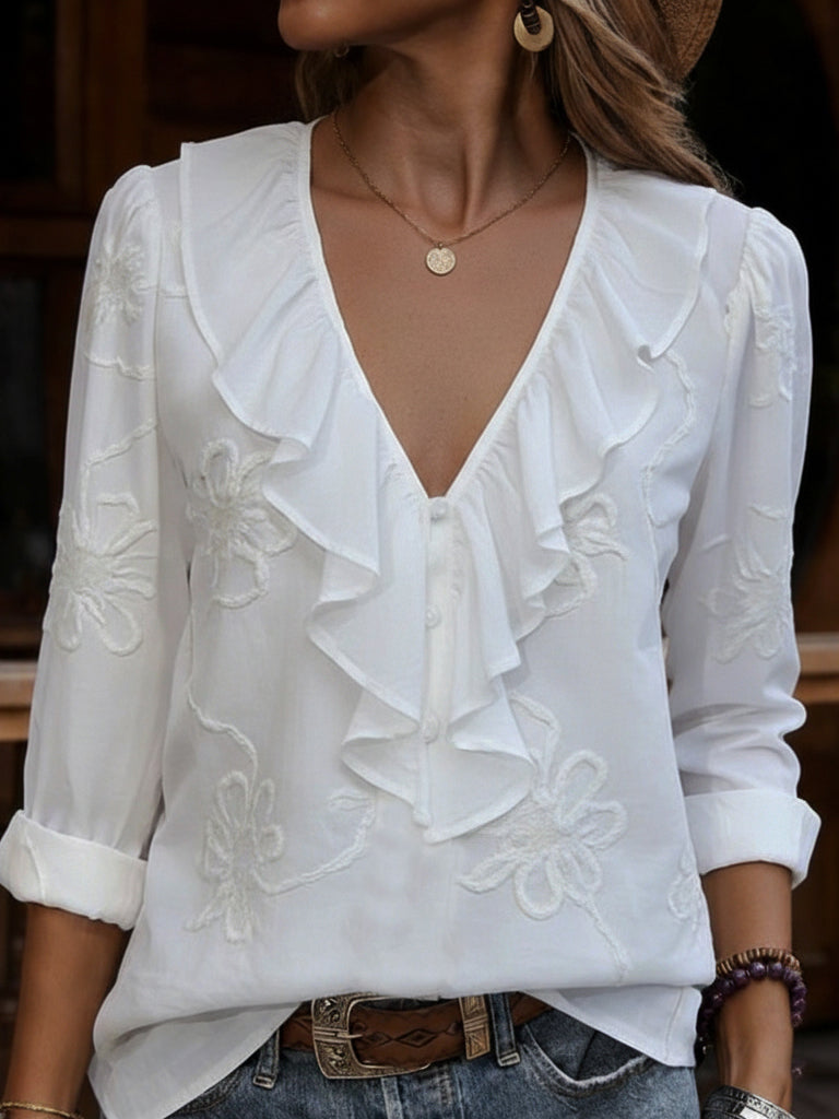 Celestine | Blusa Con Cuello en V Con Volantes Y Bordado Floral