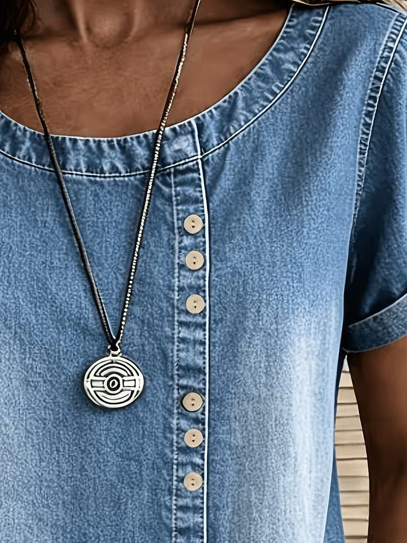Ferina | Blusa Denim Lavado Manga Corta Botones