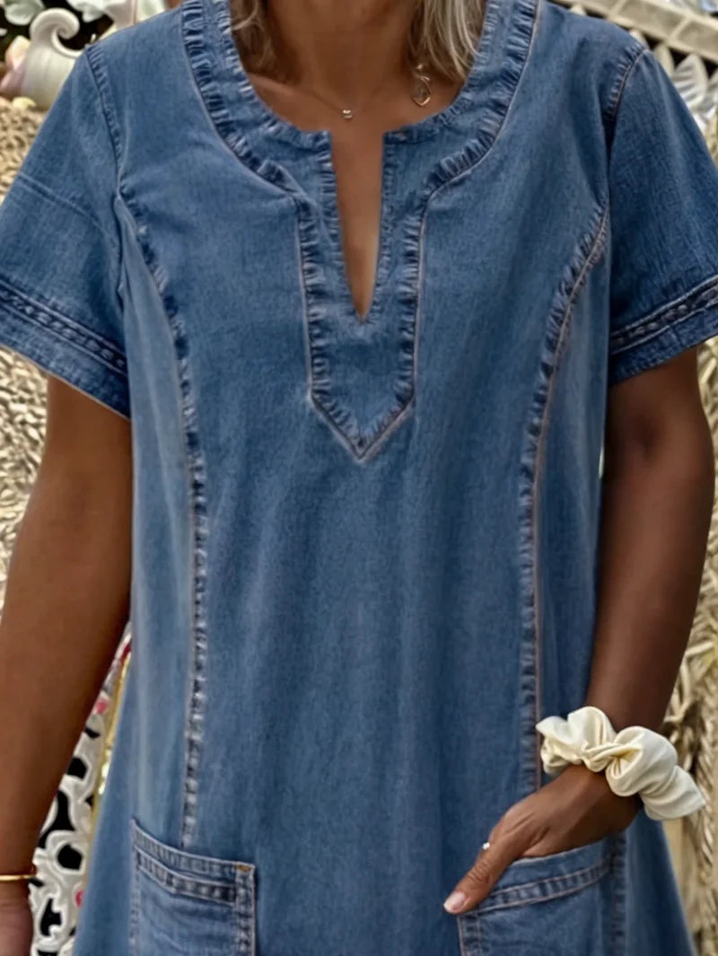 Polixeni | Vestido Denim Cuello V Bolsillos