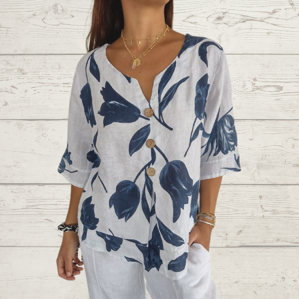 Despoina - Blusa con Estampado Floral Cuello en V y Botones en la Parte Delantera