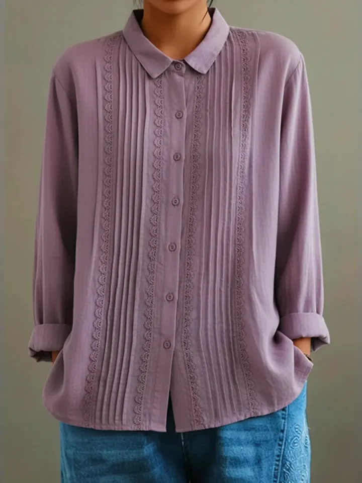 Tzurya | Blusa Abotonada de Manga Larga con Pliegues y Encaje