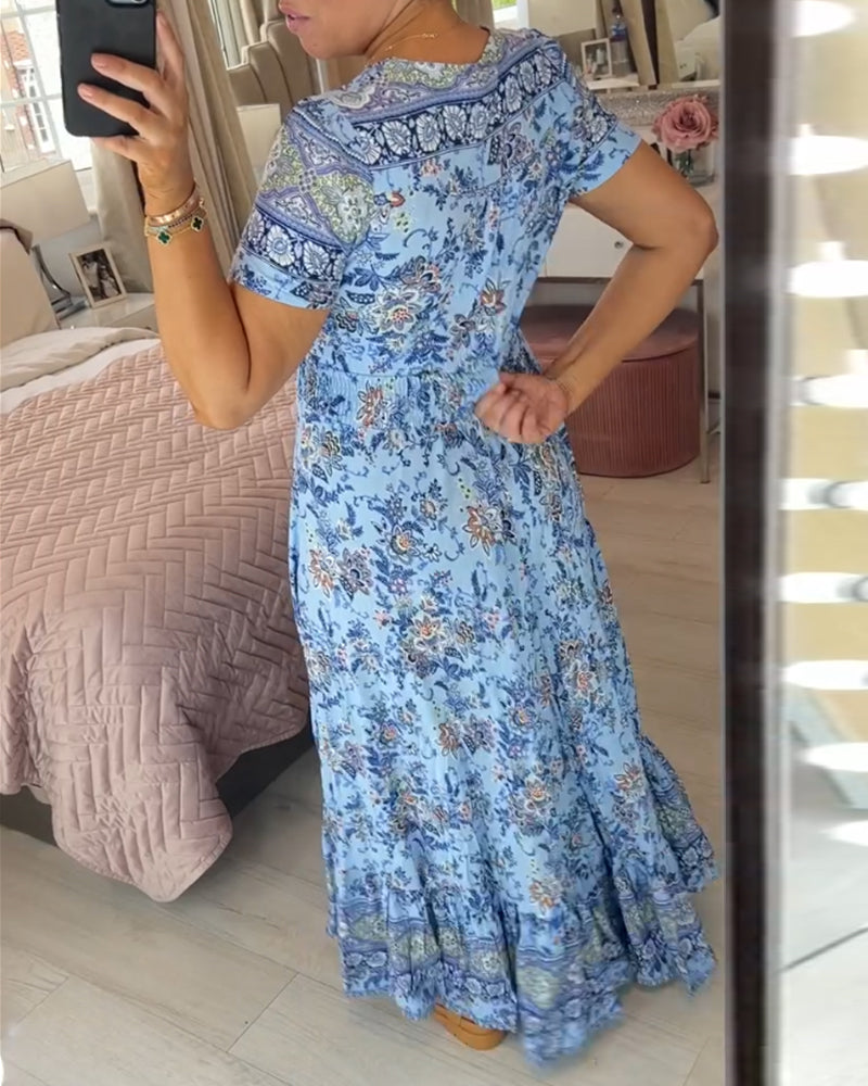 Wibia | Vestido Midi De Manga Corta Con Estampado Floral, Cuello en V Y Botones en La Parte Delantera