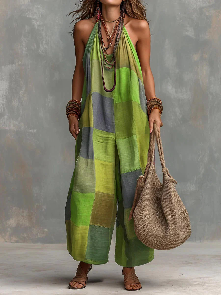 Meriny | Mono De Pierna Ancha Con Cuello Halter Y Estampado Patchwork