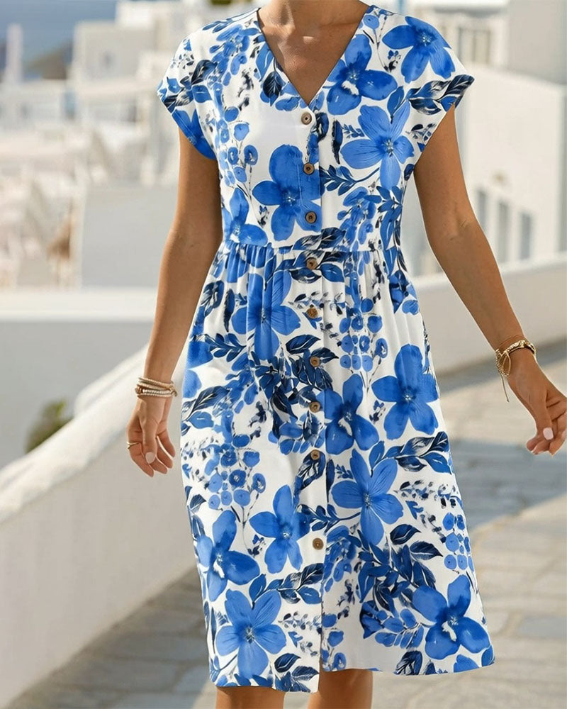 Sinera - Vestido Midi Con Cuello en V y Estampado Floral