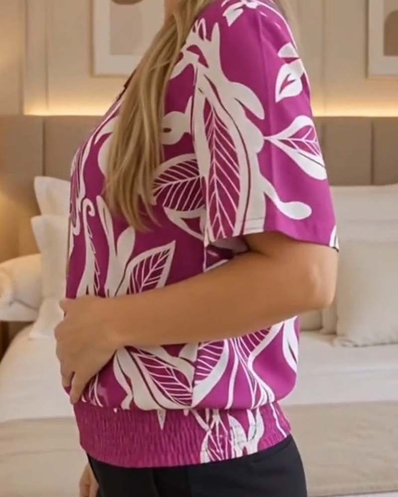 Isheba | Blusa Con Estampado de Hojas y Bajo Fruncido