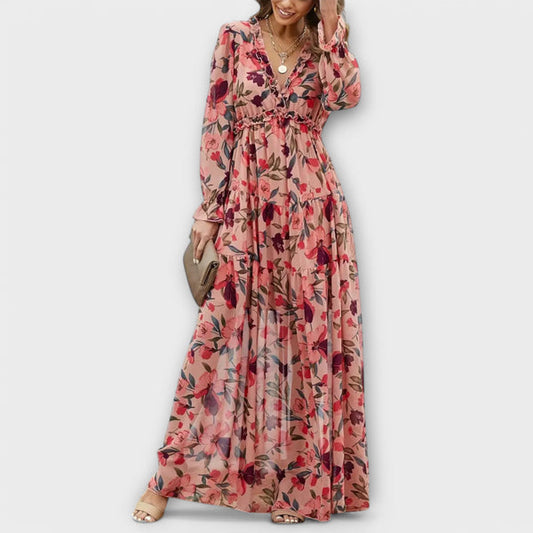 Vanna | Vestido Largo Floral con Escote en V y Manga Larga