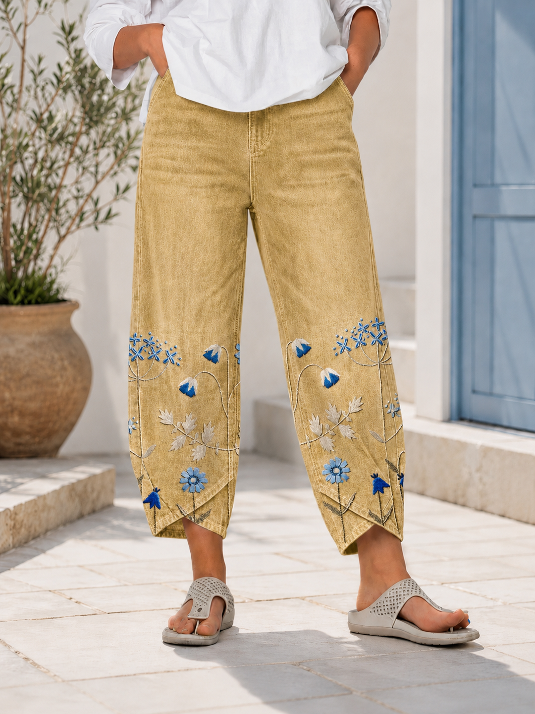 Selcen | Pantalón Recto Bordado Floral Casual