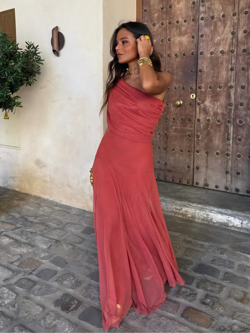 Dainia | Vestido largo con Hombros Descubiertos y bajo de Malla