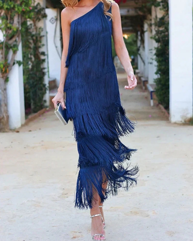 Tamira | Vestido midi con flecos y un solo hombro