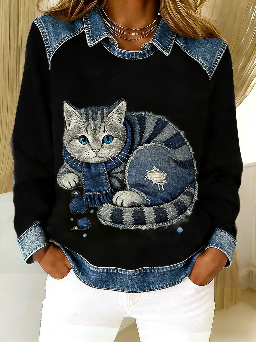 Eponin - Sudadera Con Parches de Denim y Estampado de Gatos