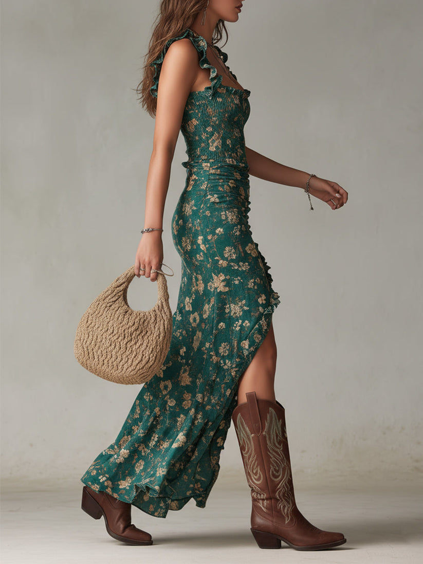 Nadjia -  Vestido midi Floral con Tirantes Fruncidos