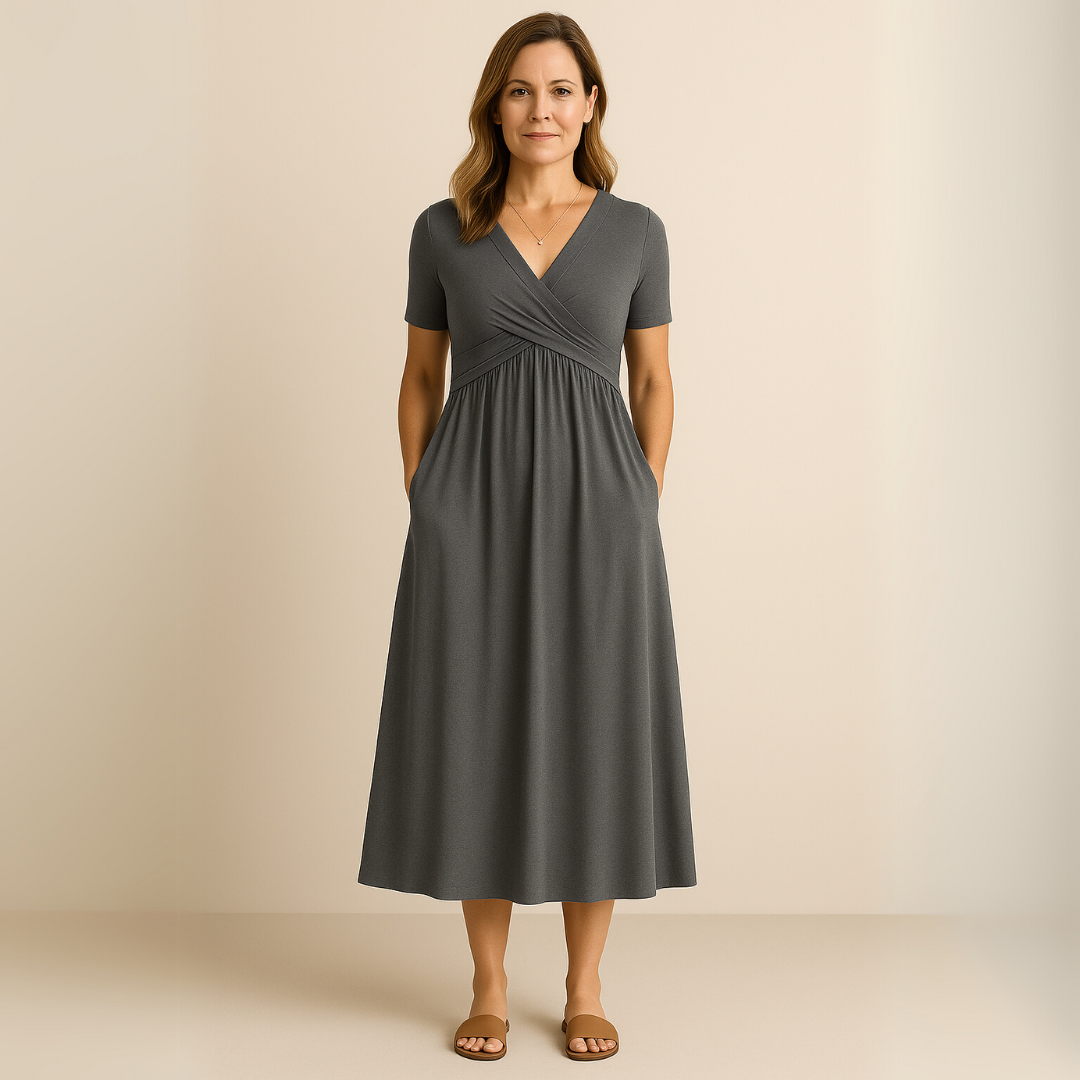 Bridgett | Vestido Midi Con Manga Corta y Corte Cruzado en la Parte Delantera