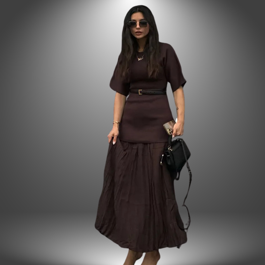 Valentina | Vestido Midi Plisado con Cinturón y Manga Corta