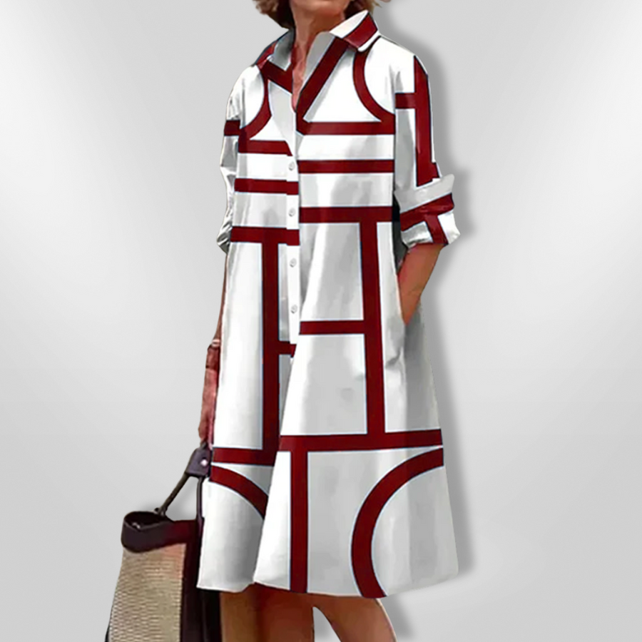 Lynna - Vestido Camisero Con Estampado Geométrico, Botonadura Frontal Y Bolsillos