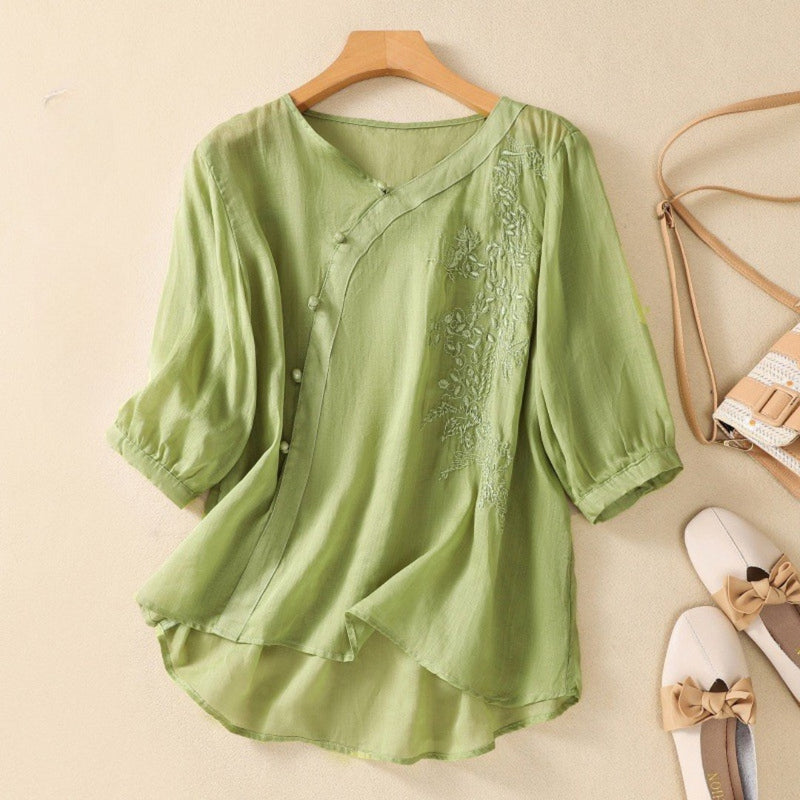 Loreen - Blusa Tipo Túnica Asimétrica Con Botones y Bordados