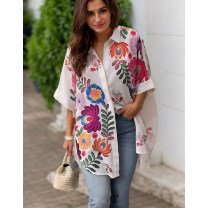 Rossella | Blusa Larga De Manga Corta Con Estampado Floral