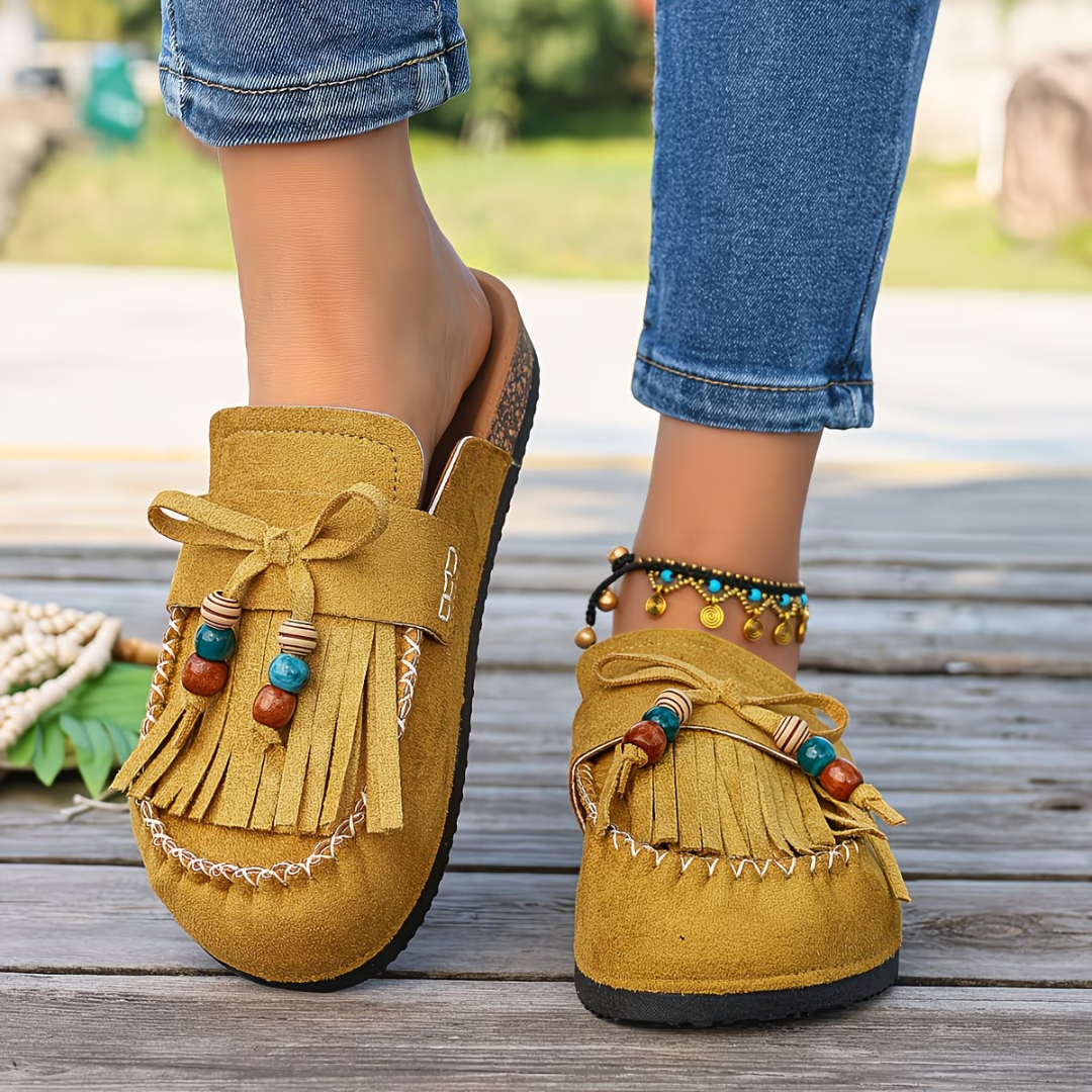 Mehra - Mules Bohemios Con Flecos y Abalorios