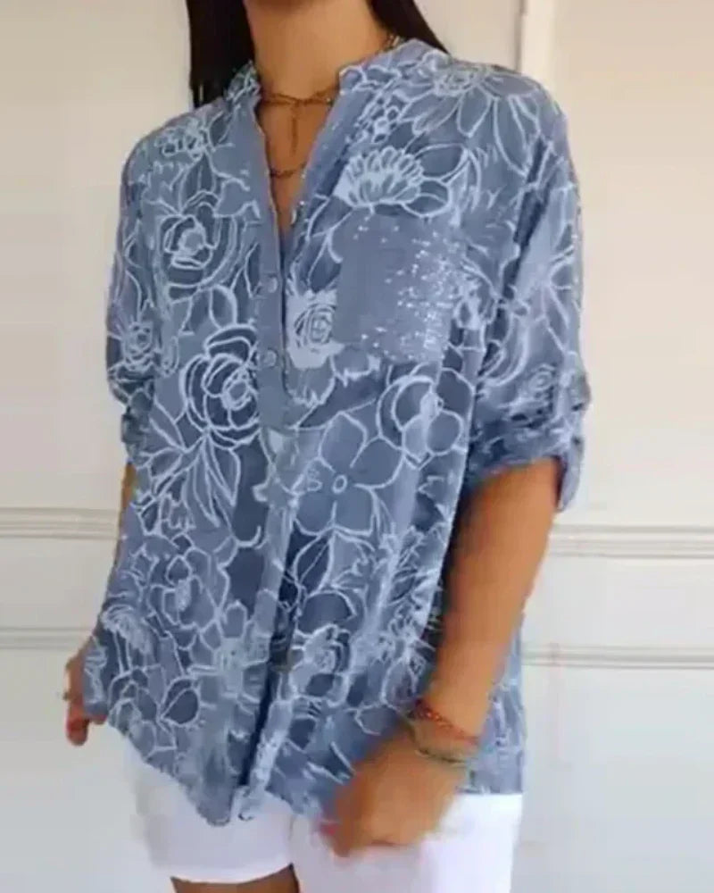 Narese | Blusa con Estampado floral, Cuello en V y Mangas Enrolladas
