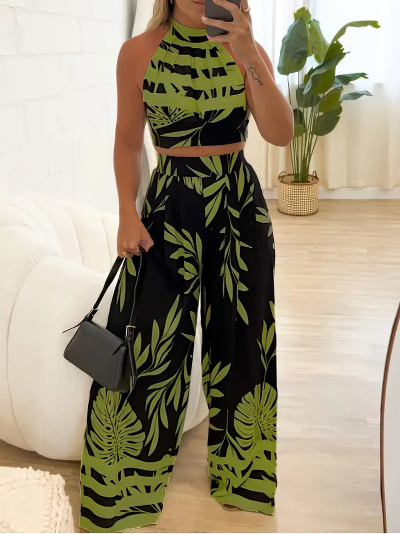 Zirina | Conjunto De Top Corto Con Cuello Halter Y Pantalón De Pierna Ancha